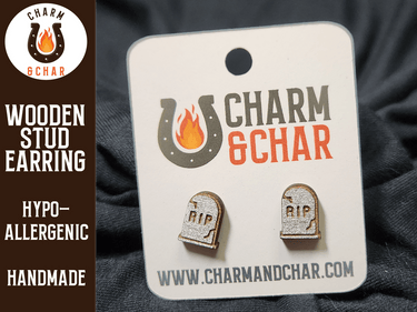 Grave RIP Wood Stud Earrings - Halloween Fashion Earring - Stud Earring - Charm and Char